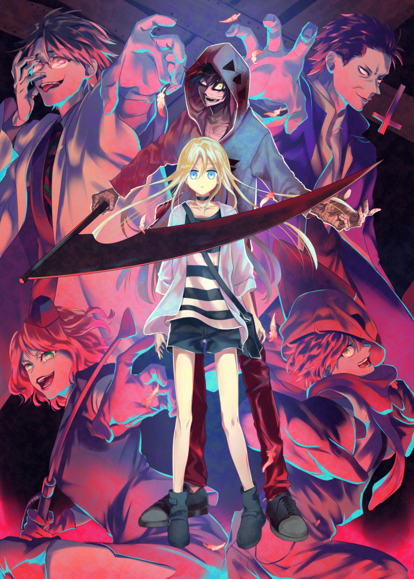 2girls 4boys abraham_gray_(satsuriku_no_tenshi) bag bandage_on_face bandages black_choker black_footwear black_hair blonde_hair blue_eyes cathy_(satsuriku_no_tenshi) choker coat danny_(satsuriku_no_tenshi) eddie_(satsuriku_no_tenshi) glasses hair_between_eyes hat highres hood hooded_jacket isaac_foster jacket long_hair long_sleeves mask mini_hat multiple_boys multiple_girls open_mouth outstretched_arm pants rachel_gardner riding_crop satsuriku_no_tenshi scythe shimura_(yoshikatu) shirt short_hair shoulder_bag smile spiked_hair striped_clothes striped_shirt tongue tongue_out white_coat white_shirt