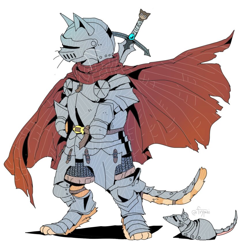 animal animal_focus armor armored_animal belt belt_buckle breastplate brown_belt buckle cape cat chainmail commentary english_commentary faulds floating_cape fryprai full_armor full_body gauntlets helm helmet highres knight leg_armor mouse_(animal) no_humans original pauldrons red_cape shadow shoulder_armor simple_background sword sword_on_back torn_cape torn_clothes weapon weapon_on_back whiskers white_background