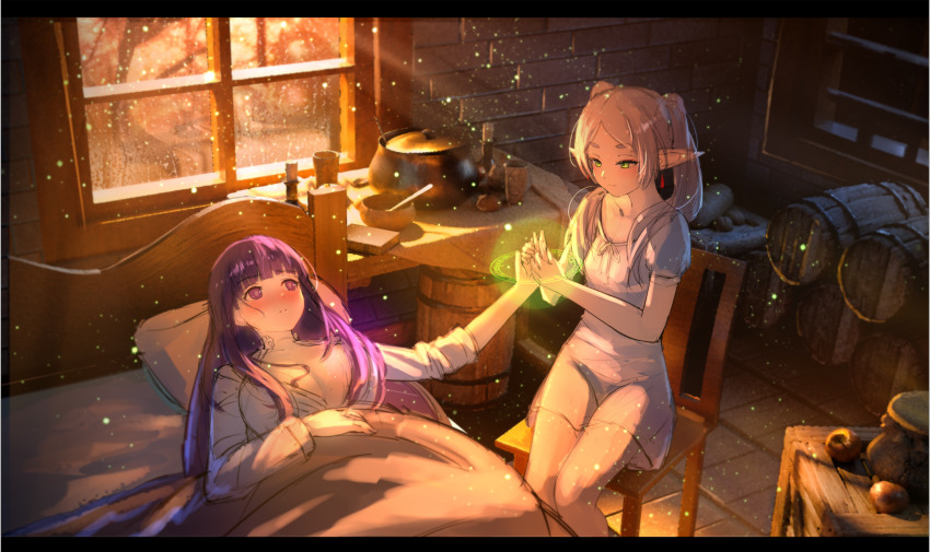 2girls blunt_bangs blush breasts casting_spell chair cleavage closed_eyes double-parted_bangs dress elf fern_(sousou_no_frieren) frieren geez green_eyes highres holding_hands indoors large_breasts light_smile long_hair lying multiple_girls on_back on_bed on_chair parted_lips pointy_ears purple_eyes purple_hair sick sidelocks sitting sousou_no_frieren sweat twintails under_covers white_dress white_hair