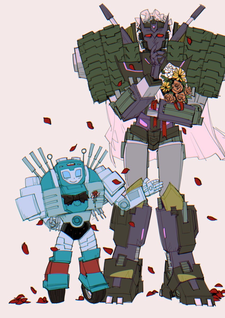1boy 1girl armor blue_eyes bow bowtie falling_petals fragment1145 highres mask nickel_(transformers) petals red_eyes roller_skates rose_petals shoulder_armor size_difference skates tarn the_transformers_(idw) transformers white_background