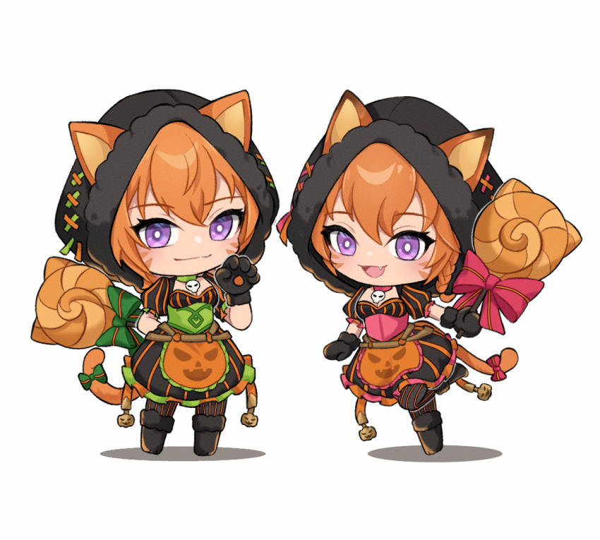 2girls animal_ears animal_hands apron belt black_hood bow brown_belt candy cat_ears cat_girl cat_paws cat_tail chibi choker commission commissioner_upload dress facial_mark fang fire_emblem fire_emblem:_path_of_radiance fire_emblem:_radiant_dawn fire_emblem_heroes food green_choker halloween_costume jack-o&#039;-lantern_print laguz_(fire_emblem) lethe_(fire_emblem) lethe_(halloween)_(fire_emblem) lollipop lyre_(fire_emblem) multiple_girls nintendo orange_apron orange_hair orange_tail pink_choker purple_eyes siblings sisters skull_choker standing standing_on_one_leg striped_clothes striped_dress striped_leggings tail twins vertical-striped_leggings whisker_markings white_background witchi