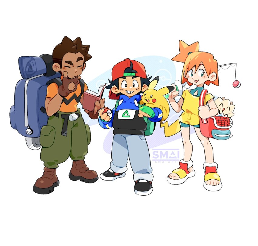 1girl 2boys alternate_costume ash_ketchum backpack backwards_hat bag baseball_cap black_hair black_hoodie blue_eyes blue_hoodie blush book boots brock_(pokemon) brown_gloves brown_hair cargo_pants dark-skinned_male dark_skin facial_mark fingerless_gloves fishing_rod gem gen_1_pokemon gen_2_pokemon gloves green_pants grey_pants grin hand_on_own_chin hat highres holding holding_book holding_fishing_rod holding_poke_ball hood hood_down hoodie marking_on_cheek misty_(pokemon) multicolored_hoodie multiple_boys nintendo off-shoulder_shirt off_shoulder on_shoulder open_book orange_hair orange_shirt pants pikachu poke_ball poke_ball_(basic) pokemon pokemon_(anime) pokemon_(classic_anime) pokemon_(creature) pokemon_on_shoulder raised_eyebrow redesign rock romper sami_briggs shirt short_hair shorts side_ponytail smile spiked_hair standing swimsuit swimsuit_under_clothes togepi yellow_romper yellow_shirt yellow_shorts