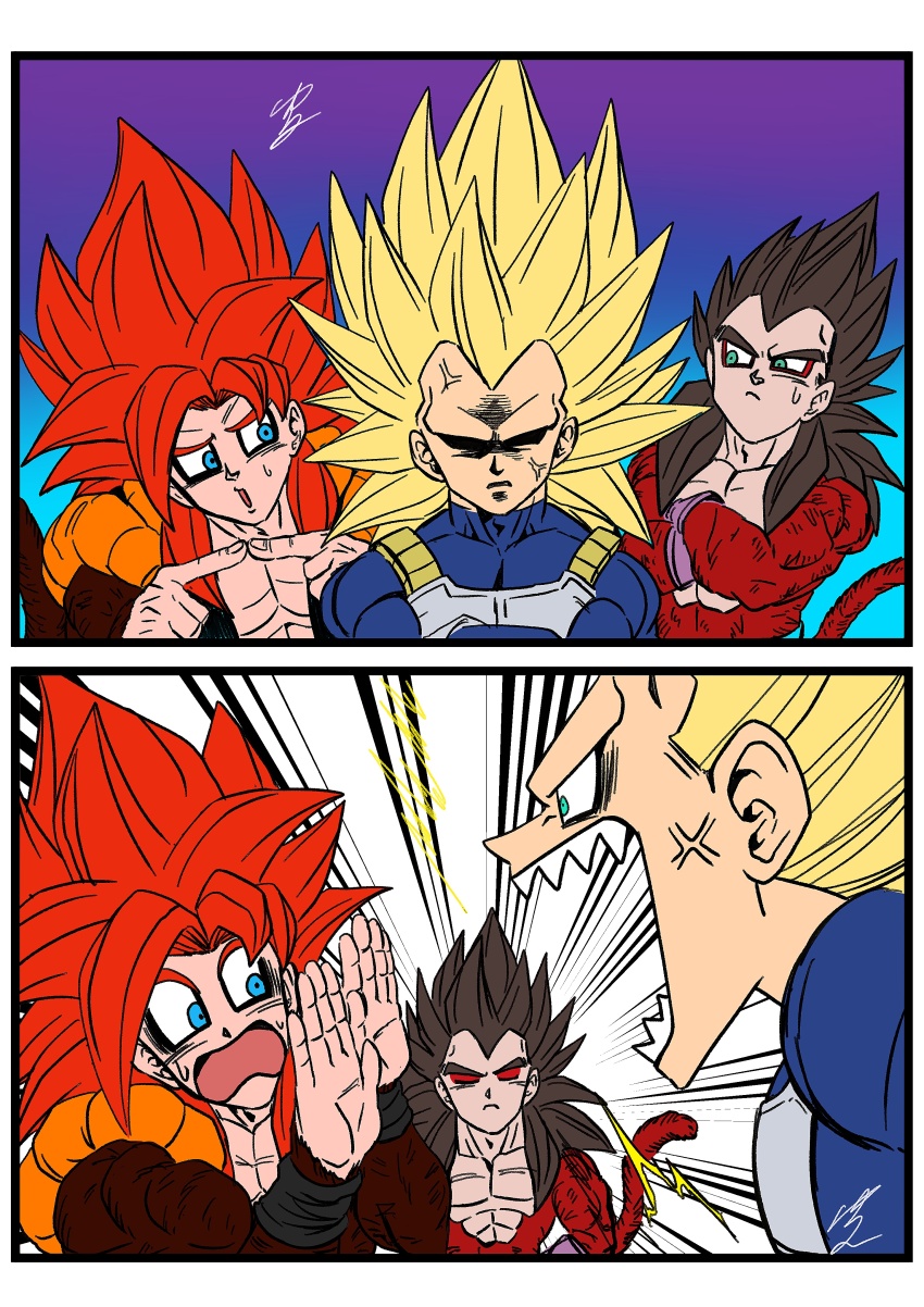 abs absurdres black_hair body_fur closed_mouth dragon_ball dragon_ball_daima dragon_ball_gt gogeta highres long_hair male_focus monkey_boy monkey_tail muscular muscular_male open_mouth pectorals red_fur red_hair simple_background spiked_hair super_saiyan super_saiyan_3 super_saiyan_4 tail teeth vegeta yuuri_(fukuroudou)