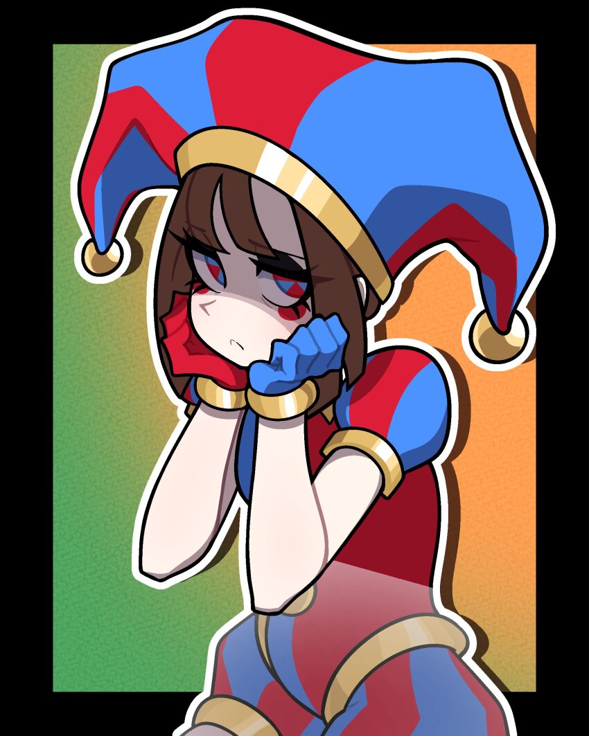 1girl absurdres asymmetrical_gloves dentures gloves hat hat_bell highres jester jester_cap jester_costume mismatched_gloves muds multicolored_eyes multicolored_hat pomni_(the_amazing_digital_circus) squiggle_eyes striped_clothes striped_headwear the_amazing_digital_circus two-tone_eyes vertical-striped_bodysuit vertical-striped_clothes vertical-striped_headwear