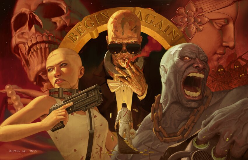 1girl 4boys absurdres artist_name bald bandaid bandaid_on_head black_suit blood blood_on_clothes blue_eyes bomb_collar bow brown_eyes building chain christine_royce cigarette collar commentary courier_(fallout:_new_vegas) dated dean_domino deimos_art dog_(fallout:_new_vegas) english_text fallout:_new_vegas fallout father_elijah formal_clothes gas_mask gem ghost_people ghoul_(fallout) gold_bar gun highres holding holding_cigarette holding_detached_head holding_gun holding_sack holding_weapon hood hood_up jewelry jumpsuit long_sleeves looking_at_viewer mask multiple_boys necklace open_mouth parted_lips pearl_(gemstone) ring sack saliva severed_head skeleton smoking statue suit sunglasses tank_top weapon white_bow white_jumpsuit white_tank_top x