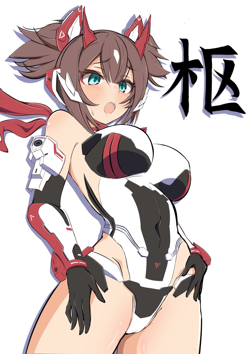 1girl absurdres asura_ninja bare_shoulders black_gloves blue_eyes blush breasts brown_hair commentary covered_navel cowboy_shot elbow_gloves gloves haruwo0096 highleg highleg_leotard highres impossible_clothes impossible_leotard large_breasts leotard megami_device open_mouth red_scarf scarf simple_background solo twintails variant_set white_background white_leotard