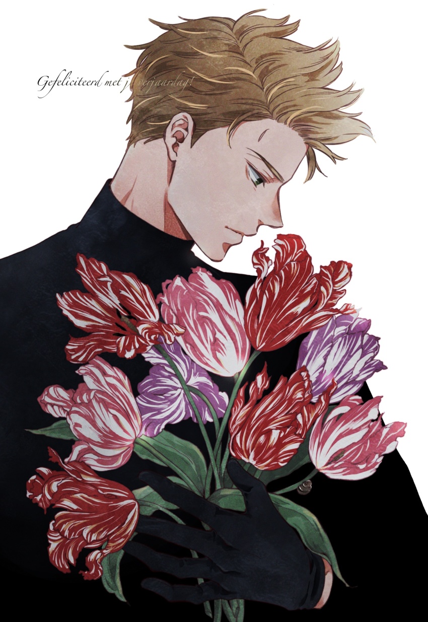 1boy axis_powers_hetalia black_shirt blonde_hair bouquet ca_lamari dutch_text flower gloves green_eyes hair_slicked_back highres holding holding_bouquet male_focus netherlands_(hetalia) profile scar scar_on_face scar_on_forehead shirt short_hair simple_background solo spiked_hair turtleneck upper_body white_background