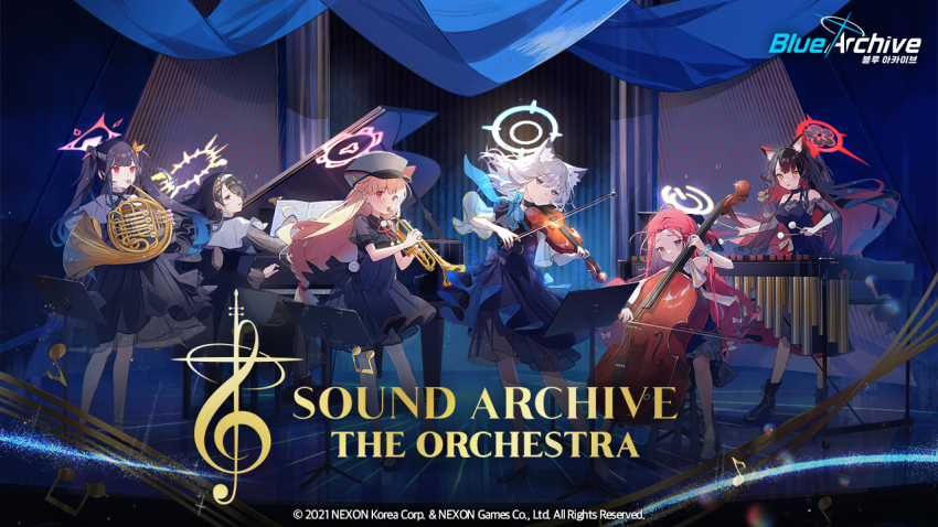 6+girls animal_ear_fluff animal_ears artist_request beamed_eighth_notes black_dress black_footwear black_hair black_horns blonde_hair blue_archive blue_eyes blue_halo collarbone colored_inner_hair double_bass dress eighth_note fox_ears french_horn fuuka_(blue_archive) grand_piano grey_hair habit halo hat high_heels hinata_(blue_archive) holding holding_instrument horn_(instrument) horns instrument korean_commentary long_hair multicolored_hair multiple_girls music musical_note nodoka_(blue_archive) nun official_art peaked_cap piano playing_instrument puffy_short_sleeves puffy_sleeves quarter_note red_eyes red_hair red_halo shiroko_(blue_archive) short_sleeves treble_clef trumpet twintails violin wakamo_(blue_archive) wolf_ears xylophone yellow_eyes yellow_halo yuzu_(blue_archive)