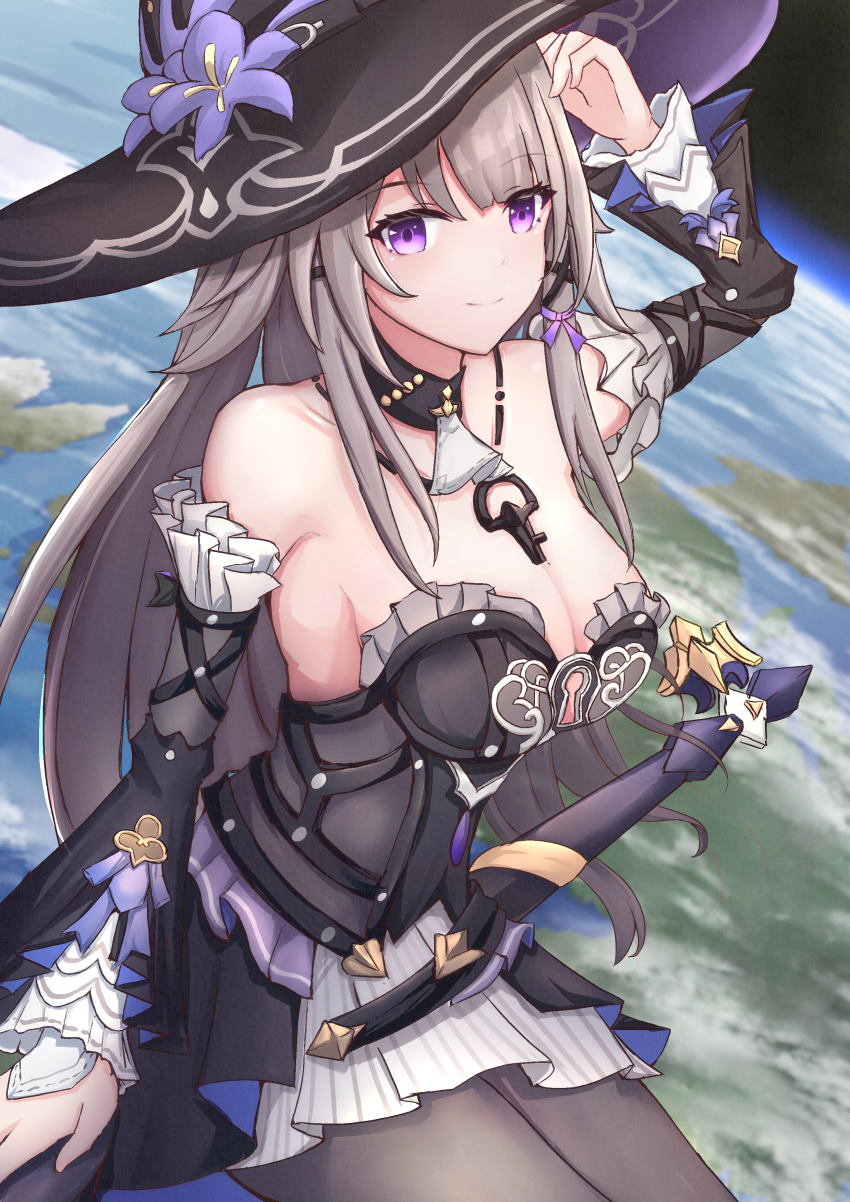 1girl absurdres alternate_breast_size bare_shoulders black_dress black_pantyhose breasts brown_hair cleavage commentary_request detached_sleeves dress earth_(planet) hat herta_(honkai:_star_rail) highres honkai:_star_rail honkai_(series) jewelry key key_necklace large_breasts lawgdrawingworkshop long_hair necklace pantyhose planet purple_eyes smile solo staff_riding the_herta_(honkai:_star_rail) witch_hat