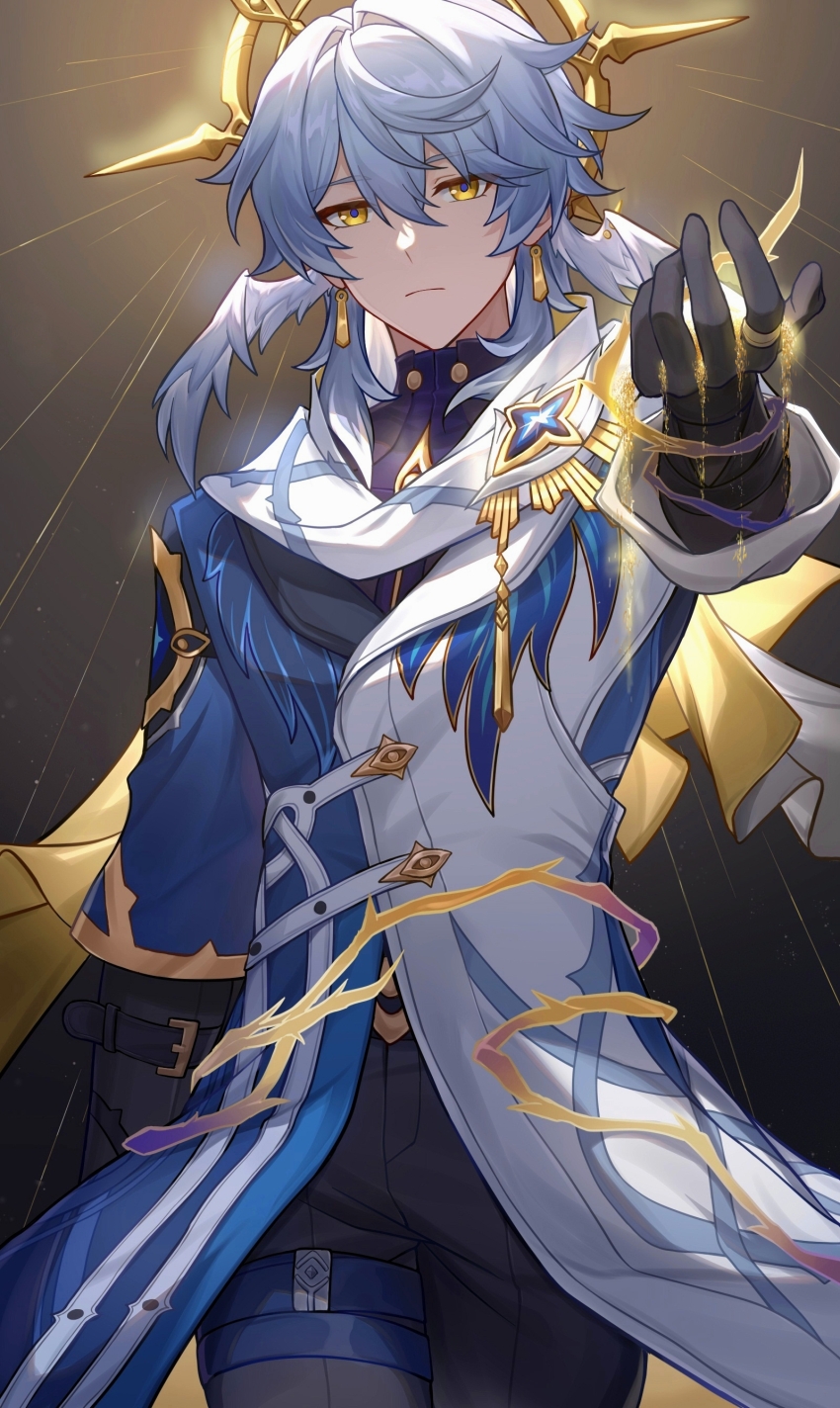 1boy absurdres black_gloves blue_hair chuideng closed_mouth coat cowboy_shot earrings expressionless gloves hair_between_eyes halo head_wreath highres honkai:_star_rail honkai_(series) jewelry long_sleeves looking_at_viewer male_focus mechanical_halo pants short_hair solo sunday_(honkai:_star_rail) thigh_strap yellow_eyes