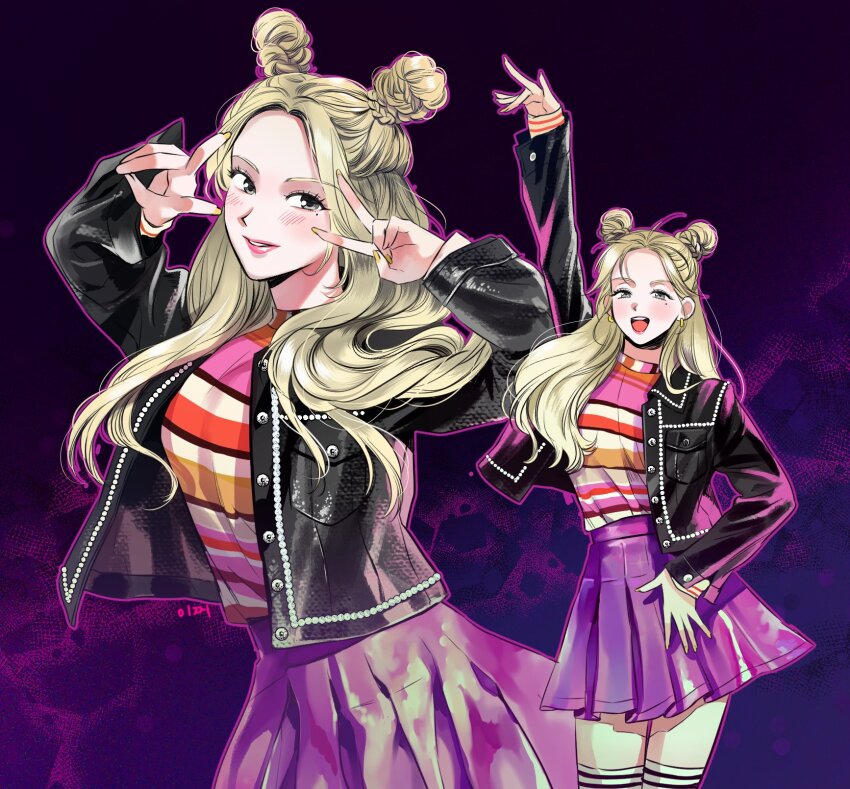 1girl black_jacket blonde_hair commentary_request cowboy_shot cropped_jacket double_bun double_v eunha_(gfriend) gfriend hair_bun highres izzi315 jacket korean_commentary long_hair looking_at_viewer multiple_views pink_lips purple_background purple_skirt skirt smile thighhighs v yellow_nails
