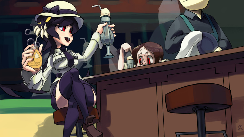 1boy 2girls bar_stool black_hair brown_hair carol_(skullgirls) chungsae cleaning_rag crossed_legs cup diner drink drinking_glass drinking_straw filia_(skullgirls) food hat head_out_of_frame highres ice_cream ice_cream_float multiple_girls necktie open_mouth painwheel_(skullgirls) plate pleated_skirt prehensile_hair red_eyes samson_(skullgirls) scar school_uniform sitting skirt skullgirls smile stool suspenders thighhighs
