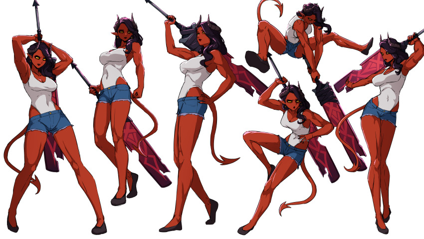 1girl absurdres bare_arms bare_legs bare_shoulders black_hair black_nails black_shoes breasts cleavage clothing_cutout collarbone colored_skin commentary covered_navel cutoffs daydarion demon_girl demon_horns demon_tail denim denim_shorts dispatch earrings english_commentary flats full_body greatsword hair_over_shoulder hand_on_own_hip highres holding holding_behind_back holding_sword holding_weapon holding_weapon_behind_back horns jewelry large_breasts legs leotard leotard_under_clothes long_hair looking_at_viewer malevola_(dispatch) midair multiple_views nail_polish over_shoulder parted_lips pointy_ears red_skin shoes short_shorts shorts simple_background solid_eyes sword tail tail_through_clothes thighs toned toned_female weapon weapon_over_shoulder white_background white_leotard yellow_eyes