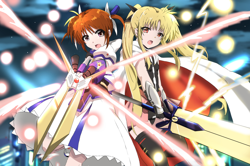 2girls absurdres bardiche_(nanoha) bardiche_(zanber_form)_(nanoha) black_ribbon blonde_hair brown_hair ekaki_kukuma fate_testarossa fate_testarossa_(blaze_form) hair_ribbon highres lyrical_nanoha magic magical_girl mahou_shoujo_lyrical_nanoha multiple_girls purple_eyes raising_heart raising_heart_(exelion_mode)_(2nd) red_eyes ribbon short_twintails sword takamachi_nanoha takamachi_nanoha_(exelion_mode) twintails weapon white_ribbon yuri