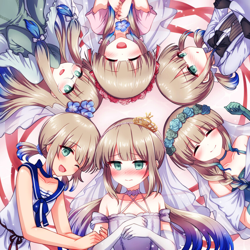 2boys 4girls baker_nemo_(fate) bespectacled black_bow black_bowtie black_gloves blonde_hair blue_dress blue_flower blue_sailor_collar blush bow bowtie bridal_veil capelet captain_nemo_(fate) circle_formation crossdressing dress elbow_gloves engineer_nemo_(fate) fate/grand_order fate_(series) flower glasses gloves green_dress green_eyes green_flower hair_flower hair_ornament highres holding holding_flower jacket light_frown light_smile long_sleeves marine_nemo_(fate) multiple_boys multiple_girls nemo_(fate) nontraditional_wedding_dress nurse_nemo_(fate) open_mouth professor_nemo_(fate) red_flower round_eyewear sailor_collar shell_ocean sleeveless sleeves_past_fingers sleeves_past_wrists smile tiara tuxedo tuxedo_jacket veil wedding_dress white_capelet white_jacket