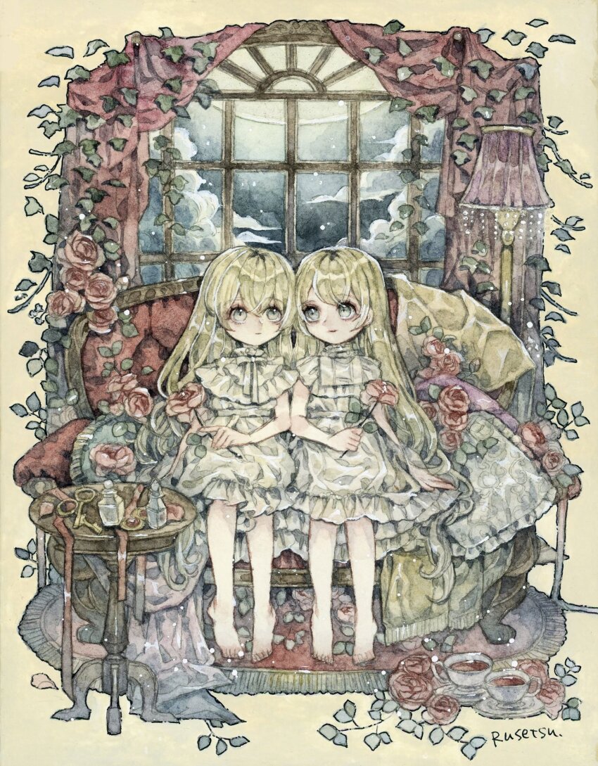2girls barefoot blonde_hair commentary_request couch cup dress flower grey_eyes highres lamp long_hair looking_at_another multiple_girls original painting_(medium) rose rusetsuksr siblings sisters sitting smile tea teacup traditional_media twins watercolor_(medium) white_dress window