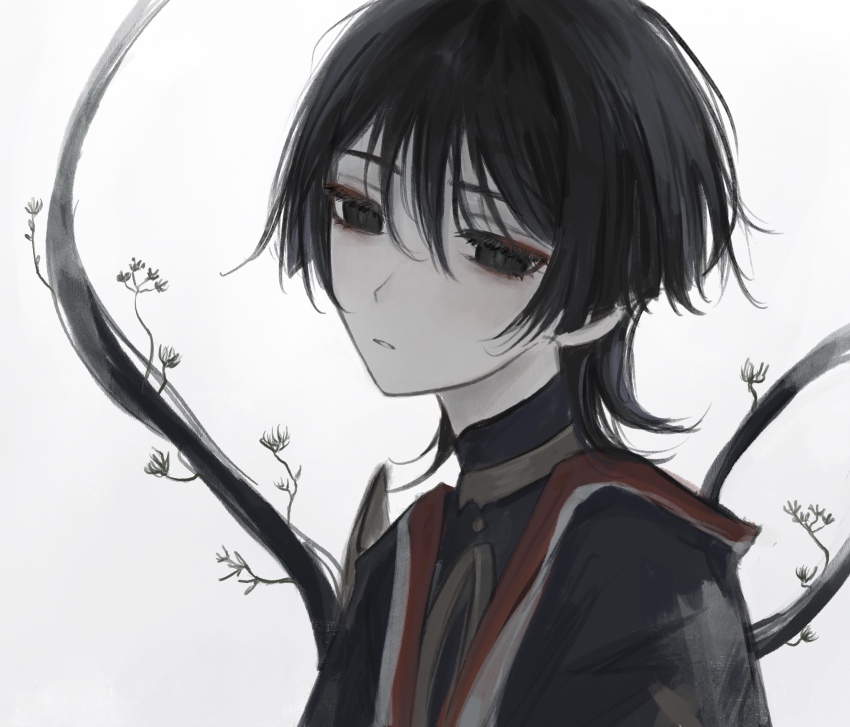 1boy black_bodysuit black_eyes black_hair black_kimono blunt_ends bodysuit cable empty_eyes eyelashes eyeliner eyeshadow genshin_impact gold half-closed_eyes han&#039;eri highres japanese_clothes jewelry kimono layered_kimono makeup male_focus mandarin_collar neck_ring open_clothes open_kimono open_mouth pale_skin portrait red_eyeliner red_eyeshadow red_kimono scaramouche_(genshin_impact) solo sprout three_quarter_view white_background white_kimono white_mouth wispy_bangs yoruli_e