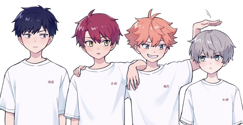 4boys arm_on_another&#039;s_shoulder bishounen black_hair commentary dot_nose double-parted_bangs elbow_rest eye_contact grey_hair hand_on_another&#039;s_shoulder hand_up height_difference height_envy highres light_blush looking_at_another male_focus multiple_boys orange_hair original raised_eyebrows red_hair sanpaku shirt short_hair short_sleeves side-by-side simple_background straight-on t-shirt teasing text_print tsurime upper_body usudumino v-shaped_eyebrows white_background white_shirt