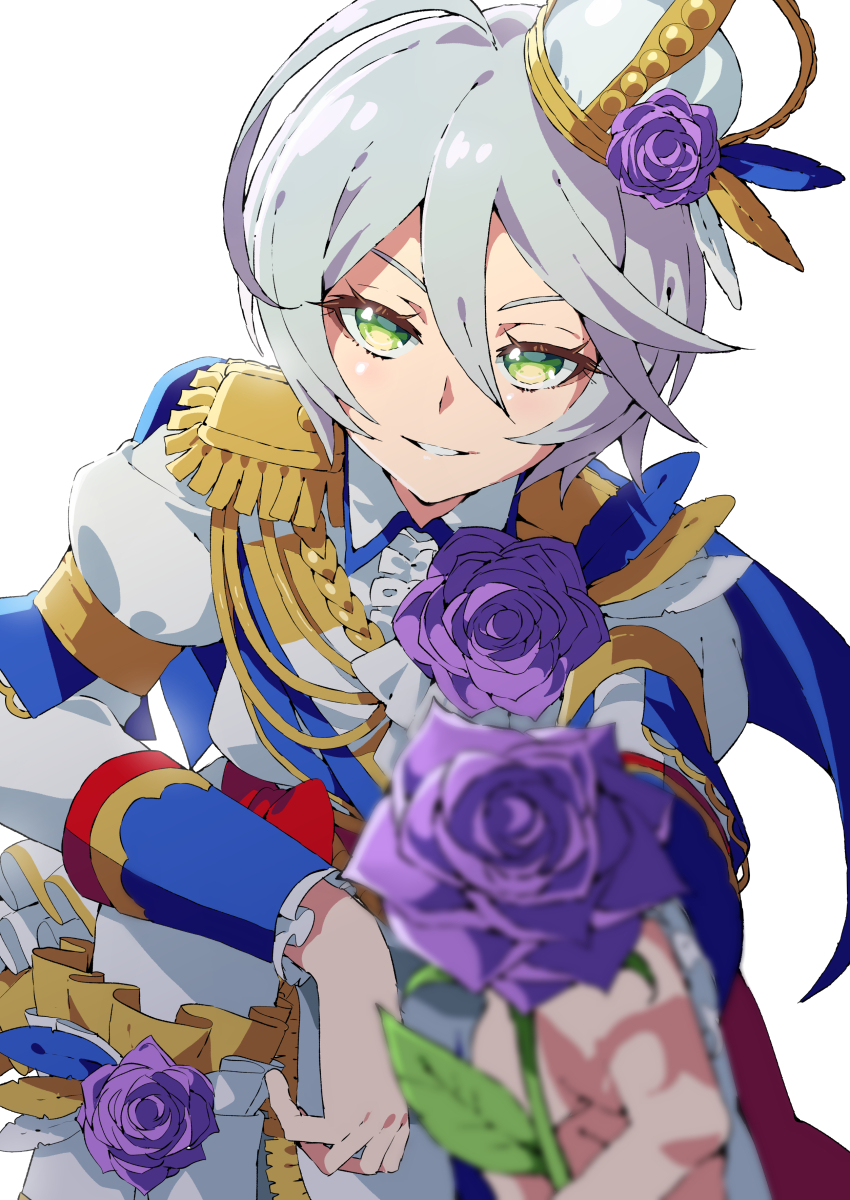 1girl absurdres ahoge aiguillette androgynous blurry blurry_foreground crown epaulettes flower green_eyes grey_hair hair_between_eyes highres holding holding_flower incoming_gift jacket long_sleeves looking_at_viewer open_mouth ouji_fashion pretty_series pripara purple_flower purple_rose reverse_trap rose shikyoin_hibiki short_hair simple_background smile solo tsujii_luki upper_body white_background white_jacket