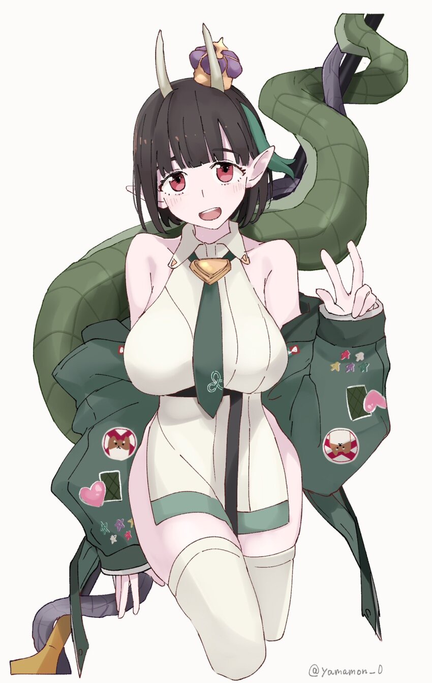1girl bare_shoulders biscione_(fate) biscione_(second_ascension)_(fate) black_hair blush breasts collared_dress crown dragon_girl dragon_tail dress fate/grand_order fate_(series) green_jacket highres horns jacket large_breasts long_sleeves looking_at_viewer mini_crown multicolored_hair necktie off_shoulder open_clothes open_mouth pointy_ears polearm red_eyes short_dress short_hair smile solo spear streaked_hair tail thighhighs thighs weapon white_dress white_thighhighs yamamon_0