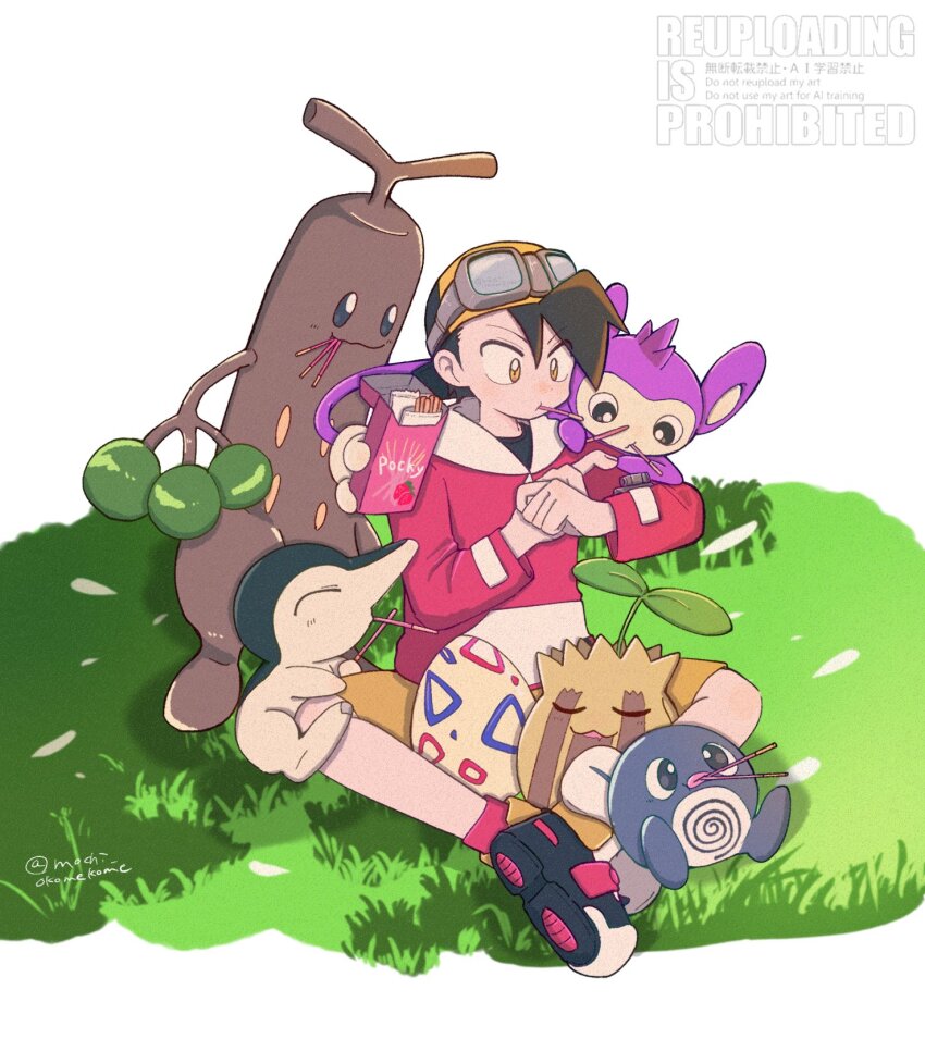 1boy aipom backwards_hat baseball_cap black_hair black_shirt closed_eyes closed_mouth cyndaquil eating egg ethan_(pokemon) food food_in_mouth gen_1_pokemon gen_2_pokemon goggles goggles_on_head grass hat highres holding holding_food holding_pocky hood hoodie jacket long_sleeves mochi_okomekome nintendo on_shoulder open_mouth pocky pocky_in_mouth pokegear pokemon pokemon_(creature) pokemon_adventures pokemon_egg pokemon_on_shoulder poliwag red_hoodie shirt short_hair shorts sitting smile sudowoodo sunkern togepi yellow_eyes yellow_shorts
