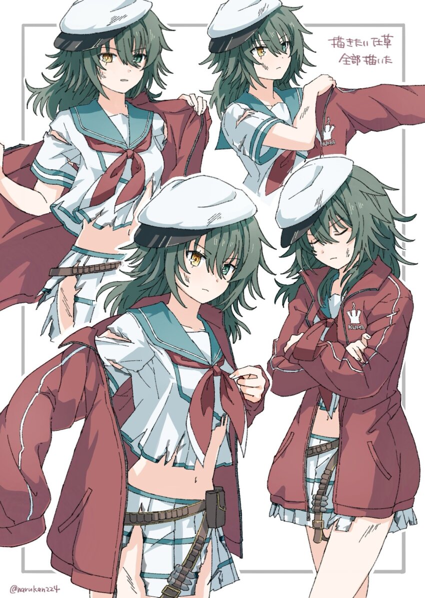 1girl belt breasts commentary_request green_eyes green_hair green_sailor_collar hat heterochromia highres jacket kantai_collection kiso_(kancolle) kiso_(saury_festival)_(kancolle) kiso_kai_ni_(kancolle) medium_breasts multiple_views narukan navel neckerchief pleated_skirt red_jacket red_neckerchief sailor_collar sailor_hat school_uniform serafuku skirt torn_clothes translation_request utility_belt white_hat white_skirt yellow_eyes