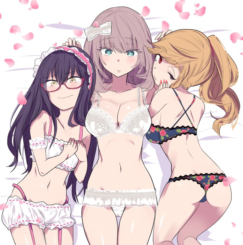 3girls aqua_eyes ass azu_(azu401) bare_shoulders bespectacled black_hair blush bra breasts cleavage closed_mouth collarbone fingernails from_above garter_belt glasses grey_hair groin hair_ornament highres lace lace-trimmed_bra lace-trimmed_legwear lace_trim large_breasts legs_together lingerie long_fingernails long_hair looking_at_viewer looking_back lying madara-san multiple_girls nail_polish navel on_back on_bed on_stomach one_eye_closed orange_hair panties parted_lips petals ponytail red_eyes red_nails saki-chan_(tejina_senpai) short_hair small_breasts tejina_senpai tejina_senpai_(series) thigh_gap underwear underwear_only white_bra yellow_eyes