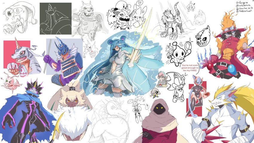 aegislash animal_mask armarouge arven_(pokemon) chao_(sonic) clockmon deoxys deoxys_(speed) digimon digimon_(creature) dinosaur_boy eelektross filmon flawizarmon gabumon gen_3_pokemon gen_5_pokemon gen_6_pokemon gulusgammamon hackmon_(digimon) highres holy_ring horns kirby kirby_(series) marinangemon mask mouse_mask mythical_pokemon neptunemon nintendo nun one_eye_closed patrick_star pawmi penny_(pokemon) pokemon pokemon_sv rabbit_boy shadow_the_hedgehog sistermon_ciel sistermon_ciel_(awaken) sonic_(series) sonic_the_hedgehog spongebob_squarepants_(series) symbareangoramon wings wink wisemon wolfmon