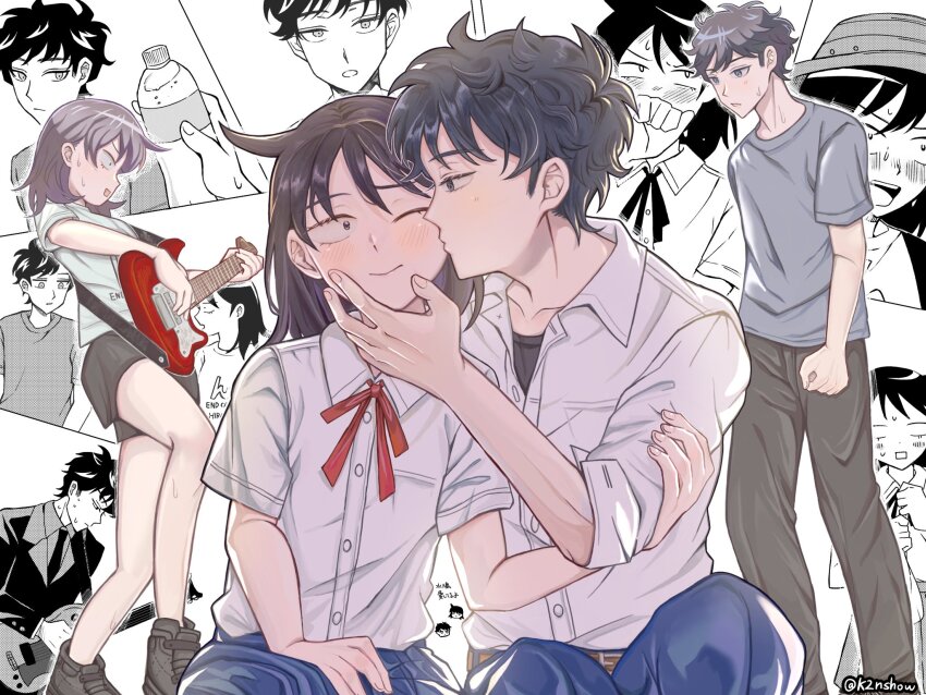 1boy 1girl bien_(k2nshow) black_hair black_pants black_shoes blush bottle breast_pocket bucket_hat collared_shirt commentary_request couple dress_shirt electric_guitar futsuu_no_keion-bu grey_shirt guitar guitar_strap hand_on_another&#039;s_arm hand_on_another&#039;s_face hat hatono_chihiro hetero highres holding holding_bottle instrument kiss kissing_cheek mizuo_haruichi multiple_views music neck_ribbon one_eye_closed pants partially_colored playing_guitar playing_instrument pocket red_ribbon ribbon school_uniform shirt shoes short_shorts short_sleeves shorts side_ahoge sitting sneakers t-shirt twitter_username undershirt white_shirt