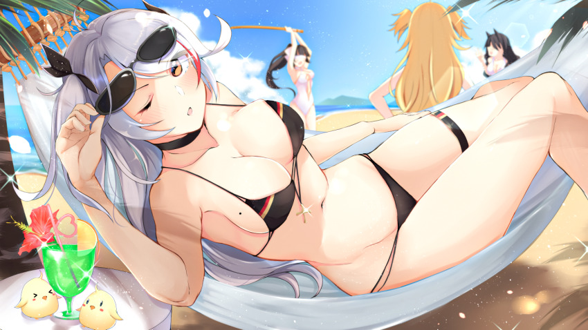 4girls admiral_hipper_(azur_lane) ahoge animal_ears armpits atago_(azur_lane) atago_(summer_march)_(azur_lane) azur_lane bare_shoulders beach bikini black_bikini black_choker black_hair black_ribbon blindfold blonde_hair blush bokken bow breasts choker cleavage collarbone crazy_straw cross cup day drinking_straw eyes_visible_through_hair eyewear_on_head unworn_eyewear flag_print floating_hair flower food fruit german_flag german_flag_bikini grey_hair hair_between_eyes hair_bow hair_ribbon hammock hand_up hands_on_own_hips heart_straw highleg highleg_bikini holding holding_removed_eyewear holding_weapon iron_cross large_breasts leaf lemon lemon_slice light_particles long_hair looking_at_viewer lying mole mole_on_breast multicolored_hair multiple_girls navel ocean official_alternate_costume one-piece_swimsuit one_eye_closed open_mouth outdoors ponytail prinz_eugen_(azur_lane) prinz_eugen_(unfading_smile)_(azur_lane) red_hair ribbon sand shadow sideboob sidelocks skindentation smile solo_focus stomach streaked_hair sunglasses swimsuit sword takao_(azur_lane) takao_(beach_rhapsody)_(azur_lane) tan thigh_strap thighs tree tropical_drink two_side_up very_long_hair weapon white_bikini white_one-piece_swimsuit wooden_sword