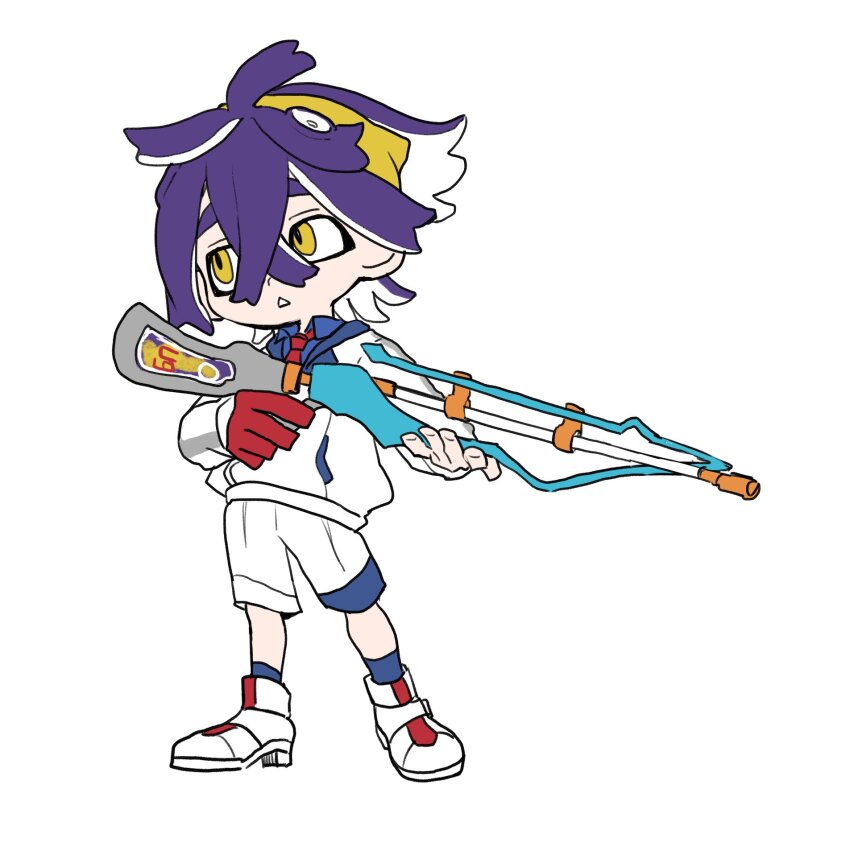 1boy alternate_species blue_socks commentary_request crossed_bangs full_body gloves gun hair_between_eyes hairband highres holding holding_gun holding_weapon jacket kieran_(pokemon) male_focus medium_hair nintendo nrsmkt_sgr octoling octoling_boy octoling_player_character parted_lips pokemon pokemon_sv purple_hair red_gloves shoes shorts simple_background socks solo splatoon_(series) squiffer_(splatoon) standing teeth thick_eyebrows weapon white_background white_jacket white_shoes white_shorts yellow_hairband