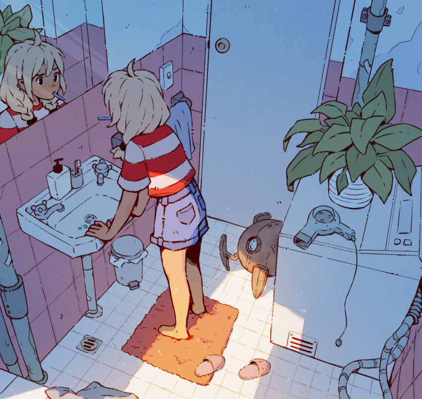 1girl ahoge barefoot bathroom black_eyes blonde_hair braid closed_mouth dappled_sunlight denim denim_shorts door double-parted_bangs dutch_angle ear_piercing faucet film_grain from_side full_body hair_dryer hair_tie highres indoors industrial_pipe leaning_forward light_switch long_hair looking_at_mirror low_twin_braids mirror no_toes original piercing plant pocket potted_plant red_shirt robot shirt shirt_tucked_in short_shorts short_sleeves shorts sink slippers soap_dispenser solo standing striped_clothes striped_shirt sunlight tile_floor tile_wall tiles toothbrush toothbrush_in_mouth towel towel_rack trash_can tube twin_braids two-tone_shirt underpalewater washing_machine white_shirt