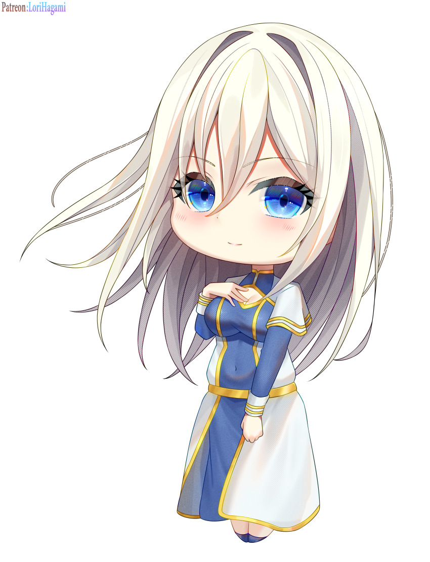 1girl absurdres blue_dress blue_eyes blush breasts chibi cleavage cleavage_cutout closed_mouth clothing_cutout commission commissioner_upload dress hair_between_eyes hand_on_own_chest highres long_hair long_sleeves looking_at_viewer lori_hagami medium_breasts nemezish official_art smile solo standing very_long_hair ways_of_darkness_(series) white_hair