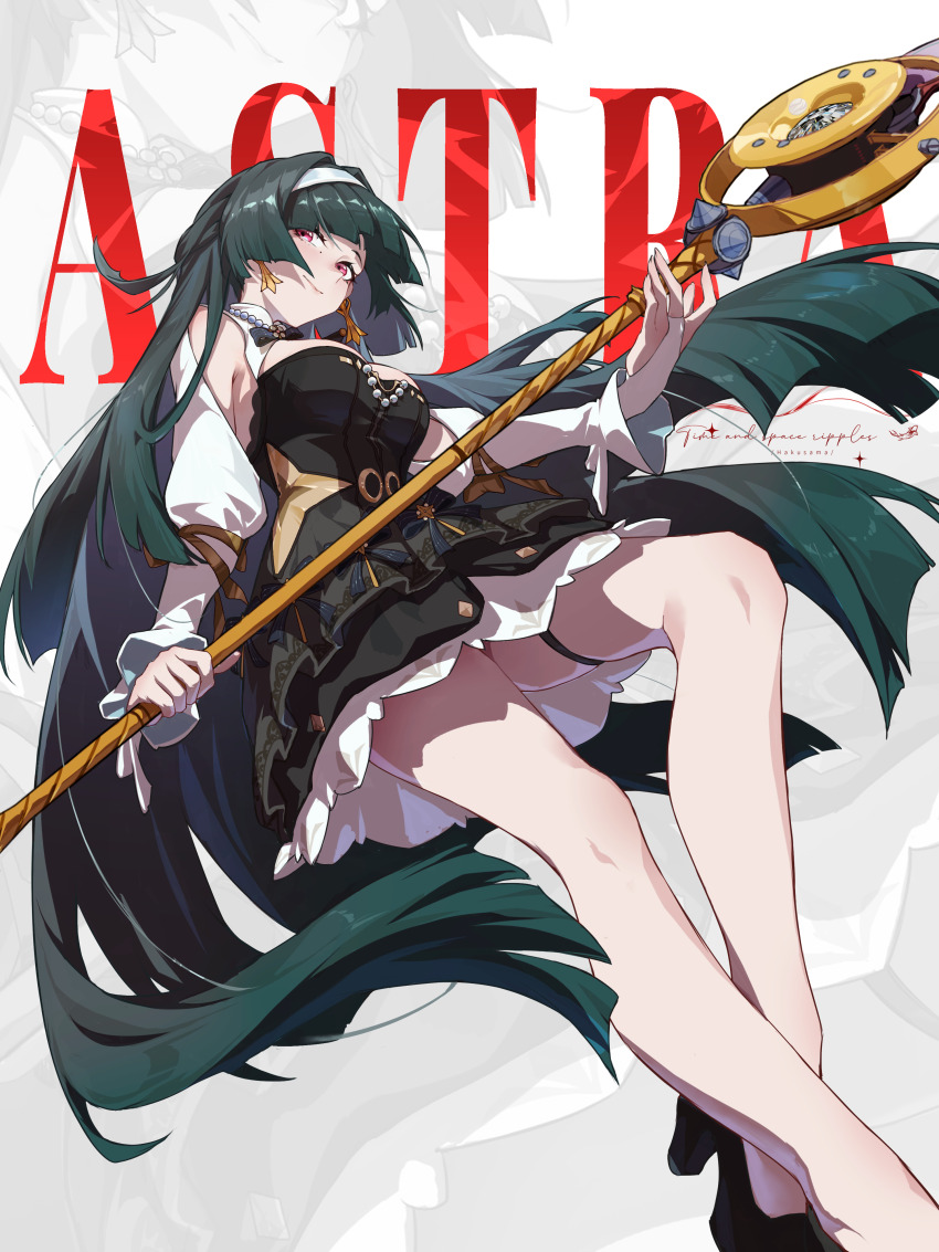 1girl absurdres astra_yao astra_yao_(chandelier) black_dress black_hair dress earrings feet_out_of_frame hairband hakusama233 high_heels highres holding holding_microphone_stand jewelry long_hair microphone_stand mole mole_under_eye necklace official_alternate_costume pearl_necklace red_eyes smile solo thigh_strap uneven_bangs very_long_hair white_hairband zenless_zone_zero