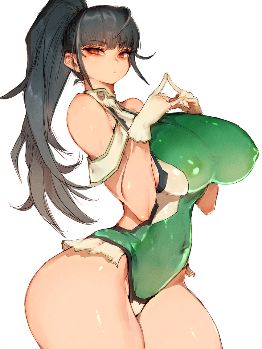 1girl 2024 android ass black_hair bodysuit breasts brown_eyes cleft_of_venus eve_(stellar_blade) fumio_(rsqkr) gloves green_bodysuit highres huge_ass huge_breasts large_breasts planet_diving_suit_(7th)_(stellar_blade) ponytail stellar_blade thick_thighs thighs white_background
