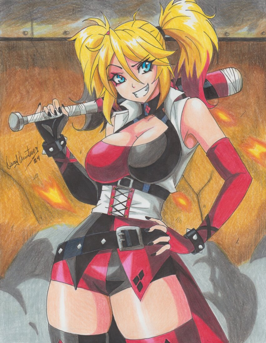 1girl 2024 absurdres baseball_bat batman_(series) belt black_nails blonde_hair blue_eyes breasts cleavage dc_comics harley_quinn highres large_breasts multicolored_hair ravernclouk_design red_hair shorts smirk solo suicide_squad twintails two-tone_hair