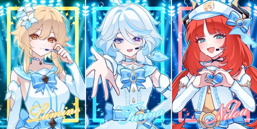 3girls :d :| alternate_costume blonde_hair blue_bow blue_bowtie blue_choker blue_eyes blue_gemstone blue_hair blue_pupils blush bow bowtie breasts character_name choker closed_mouth collarbone commentary detached_sleeves dress drop-shaped_pupils fake_horns flower furina_(genshin_impact) gem genshin_impact hair_between_eyes hair_flower hair_ornament hana_cms hand_up hands_up hat hat_bow heart heart_hands heterochromia highres horns looking_at_viewer lumine_(genshin_impact) medium_breasts multicolored_hair multiple_girls nilou_(genshin_impact) open_mouth outdoors short_hair_with_long_locks sleeveless sleeveless_dress smile streaked_hair sweat symbol-shaped_pupils teardrop-shaped_gem white_dress white_flower white_hair white_hat white_sleeves yellow_eyes