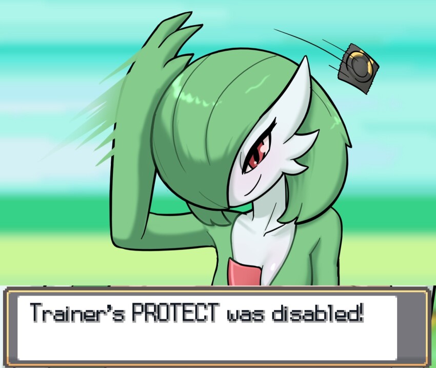 1girl bob_cut colored_skin condom condom_wrapper cropped gardevoir gen_3_pokemon green_hair highres nintendo non-web_source pokemon relatedguy smug throwing white_skin