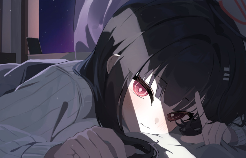 1girl absurdres bed_sheet black_hair blue_archive blunt_bangs blush bright_pupils commentary crack_of_light halo highres index_finger_raised indoors k_cyp long_hair long_sleeves looking_at_viewer lying night night_sky on_stomach red_eyes ribbed_sweater ringed_eyes rio_(blue_archive) sheet_grab sky solo sweater tablet_pc white_pupils white_sweater