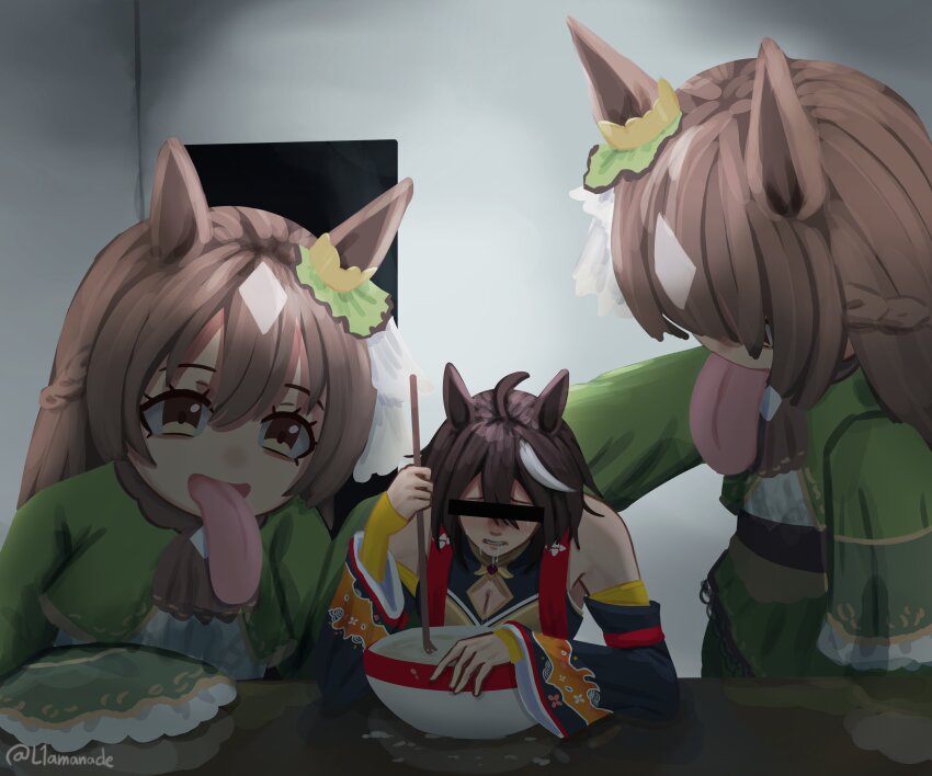 1girl 2others absurdres animal_ears bar_censor black_hair blank_room_soup bowl breasts censored censored_identity chanchanko_(clothes) cleavage cleavage_cutout clothing_cutout commentary cosplay detached_sleeves ear_ornament freaky_satono_diamond_(meme) highres holding holding_spoon horse_ears horse_girl indoors kigurumi kitasan_black_(umamusume) l1amanade long_sleeves meme multiple_others satono_diamond_(umamusume) spoon tongue tongue_out umamusume white_hair yellow_eyes