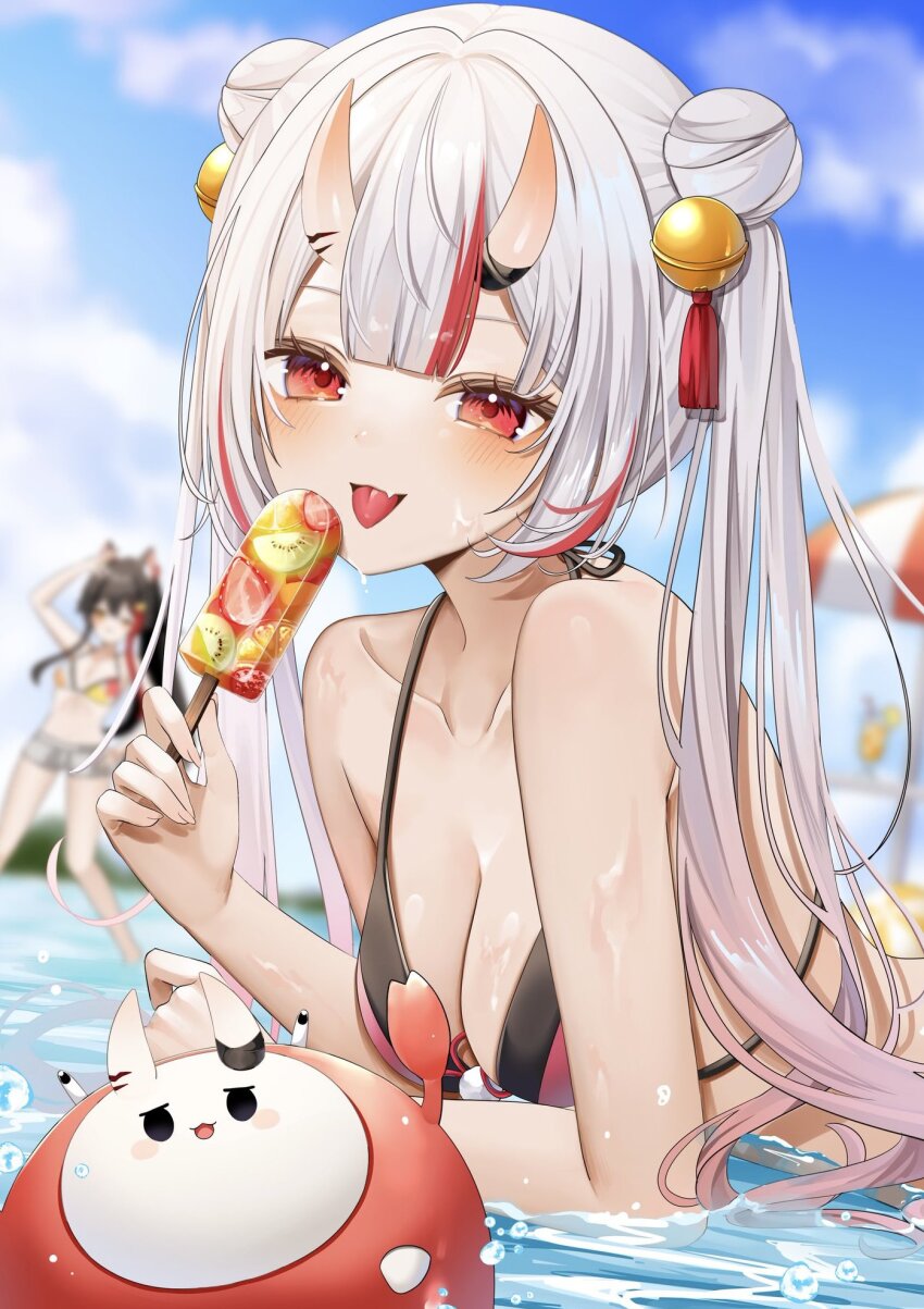 2girls :p bell bikini black_bikini breasts center-flap_bangs cleavage day food grey_hair hair_bell hair_between_horns hair_ornament highres holding holding_food holding_popsicle hololive horns jingle_bell long_hair looking_at_viewer medium_breasts multicolored_hair multiple_girls nakiri_ayame ohagetty oni ookami_mio ookami_mio_(hololive_summer_2019) outdoors partially_submerged popsicle poyoyo_(nakiri_ayame) red_eyes red_hair skin-covered_horns solo_focus streaked_hair swimsuit tassel tassel_hair_ornament tongue tongue_out virtual_youtuber water