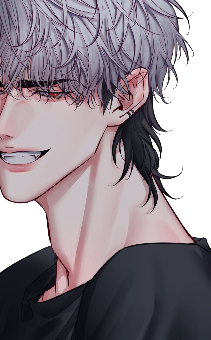1boy adam&#039;s_apple black_hair black_shirt commentary_request earclip eunho_(plave) fangs highres korean_commentary lips looking_at_viewer male_focus multicolored_hair neck parted_lips plave portrait red_eyes shirt short_hair simple_background smile solo teeth tsurime two-tone_hair unfinished white_background white_hair yum_606