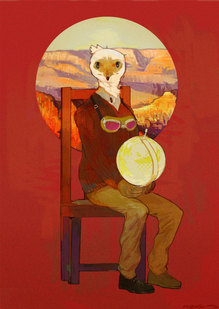 1boy bird_boy black_eyes canyon chair commentary_request feathers full_body furry furry_male goggles goggles_around_neck highres looking_at_viewer male_focus nagabe original red_background red_sweater sitting solo sweater white_feathers