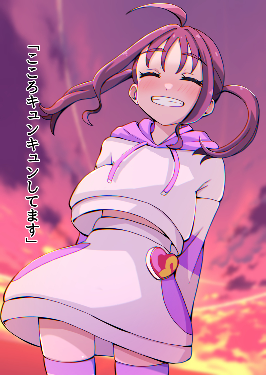1girl absurdres ahoge arms_behind_back cloud cloudy_sky commentary cowboy_shot drawstring facing_viewer grin hakuino_hakase highres hood hood_down hoodie idol_heart_brooch kimi_to_idol_precure long_sleeves medium_hair miniskirt multicolored_sky orange_sky pink_hoodie pink_skirt pink_thighhighs precure purple_sky shigure_kokoro skirt sky smile solo standing thighhighs translated twilight twintails wind