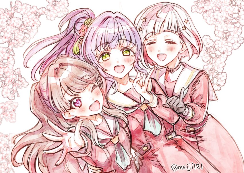 3girls :d ;d ^_^ aqua_neckerchief black_choker blush bob_cut breasts brown_dress brown_hair choker closed_eyes commentary_request cowboy_shot dress facing_viewer floral_background flower fujishima_megumi green_eyes hair_bun hair_flower hair_ornament hand_on_another&#039;s_hip hasu_no_sora_school_uniform highres inverted_bob large_breasts link!_like!_love_live! long_hair long_sleeves looking_at_viewer love_live! meiji_(mosamoo3) multicolored_hair multiple_girls neckerchief o-ring o-ring_choker one_eye_closed open_hand open_mouth otomune_kozue outstretched_arm pinky_out pleated_dress purple_eyes purple_hair red_flower red_hair sailor_collar sailor_dress school_uniform short_hair side_ponytail single_side_bun smile star_(symbol) star_hair_ornament streaked_hair tassel tassel_hair_ornament teeth twitter_username two_side_up upper_teeth_only virtual_youtuber white_background white_hair white_sailor_collar winter_uniform yugiri_tsuzuri