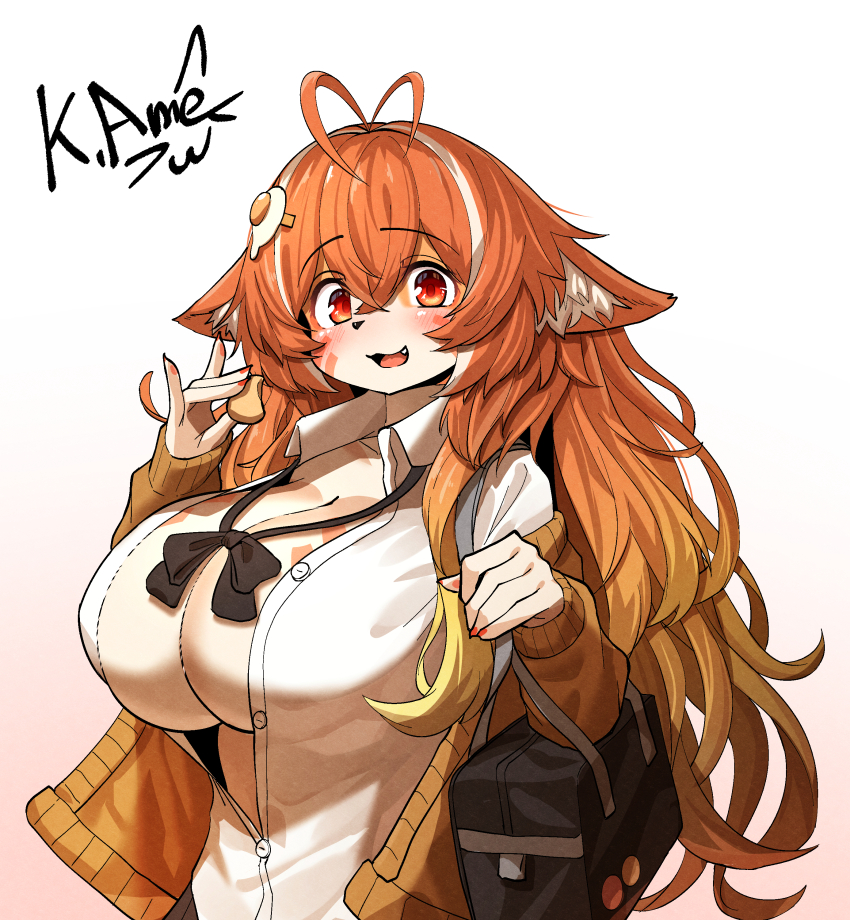 1girl absurdres animal_ear_fluff animal_ears antenna_hair bag black_bow black_bowtie blonde_hair blush bow bowtie breasts brown_cardigan buttons cardigan cat_ears cat_girl collared_shirt crossed_bangs egg_hair_ornament facial_mark fang food food-themed_hair_ornament furry furry_female gradient_hair hair_ornament highres holding holding_food huge_breasts kagarimachi_konatsu long_hair looking_at_viewer loose_bowtie multicolored_hair open_cardigan open_clothes open_mouth orange_hair original partially_unbuttoned red_eyes shirt signature solo streaked_hair vrchat white_hair