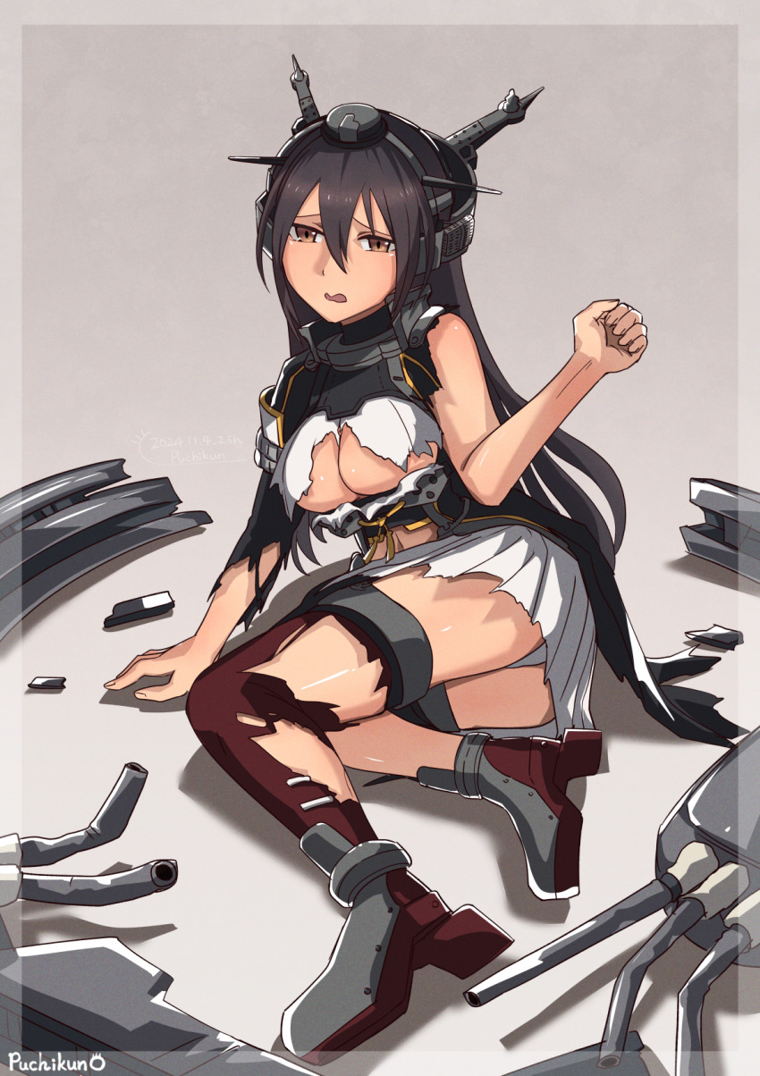 1girl ass black_hair breasts hair_between_eyes headgear highres kantai_collection large_breasts long_hair nagato_(kancolle) nagato_kai_ni_(kancolle) orange_eyes panties puchikun red_thighhighs rudder_footwear thighhighs torn_clothes torn_thighhighs underwear very_long_hair white_panties