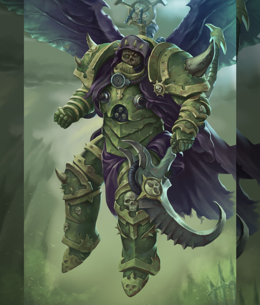 1boy armor armored_boots boots border breastplate cataracts chain chaos_(warhammer) clawed_gauntlets clenched_hand colored_skin commentary couter crotch_plate cuirass damaged_skin death_guard decay demon_primarch demon_wings disease english_commentary flying full_body gauntlets greaves green_armor green_background green_skin grohgrog highres holding holding_scythe holding_weapon injury insect_wings leg_armor making-of male_focus mask monster mortarion moth_wings no_nose no_pupils nurgle pauldrons pelvic_curtain pillarboxed poleyn power_armor primarch purple_wings rerebrace respirator scythe shoulder_armor shoulder_spikes silence_(weapon) skeletal_face skull skull_ornament spiked_hood spiked_pauldrons spikes torn_wings warhammer_40k weapon white_eyes wings