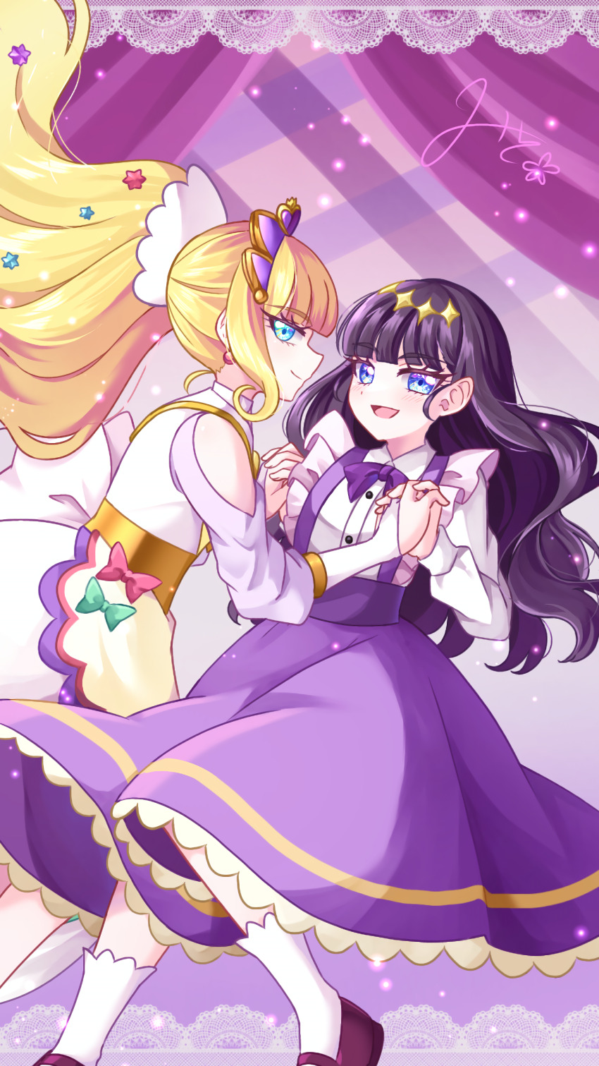 2girls black_hair blonde_hair blue_eyes blush brooch buttons closed_mouth cure_finale delicious_party_precure detached_sleeves dress dress_shirt earrings fingerless_gloves gloves heart heart_brooch holding_hands jewelry kasai_amane long_hair long_sleeves magical_girl mito_(fate) multicolored_dress multiple_girls neck_ribbon open_mouth ponytail precure purple_footwear purple_ribbon purple_skirt ribbon shirt shoes signature skirt smile socks suspender_skirt suspenders tiara very_long_hair white_gloves white_shirt white_socks