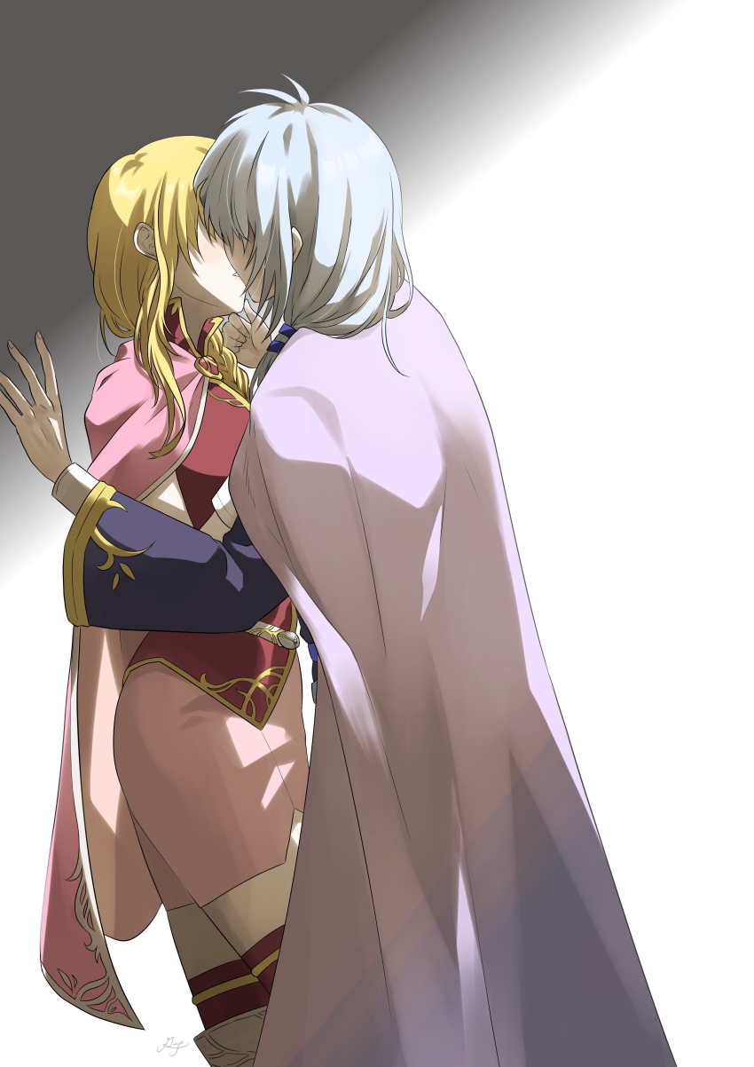 1boy 1girl absurdres blonde_hair braid cape commentary_request couple fire_emblem fire_emblem:_the_blazing_blade grey_background grey_hair hand_on_another&#039;s_chin hetero highres kiss kiss_day long_hair louise_(fire_emblem) midori_no_baku nintendo pent_(fire_emblem) purple_cape simple_background standing wide_sleeves